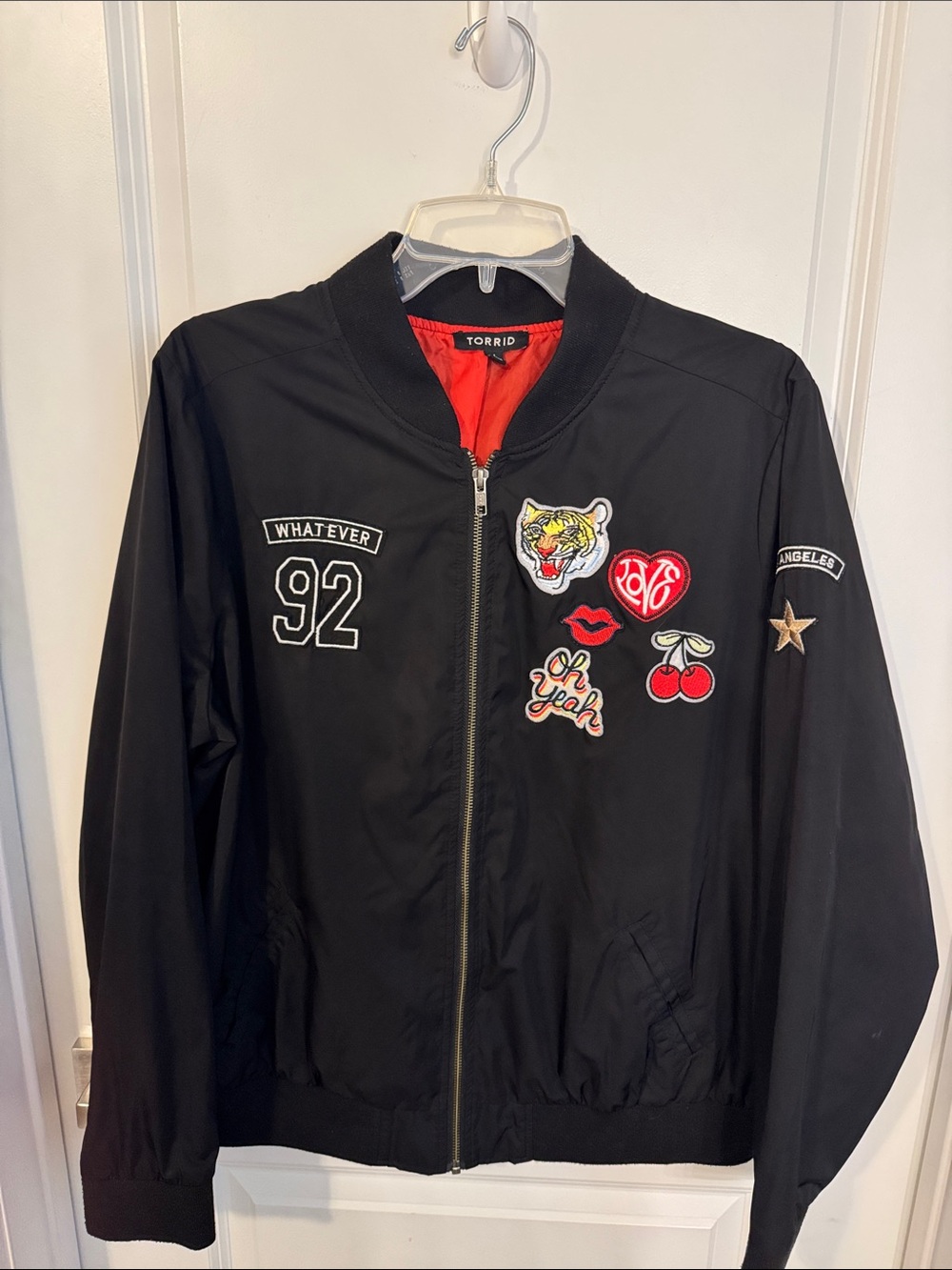 torrid Black Bomber Jacket with Red Lined Interior and Patches